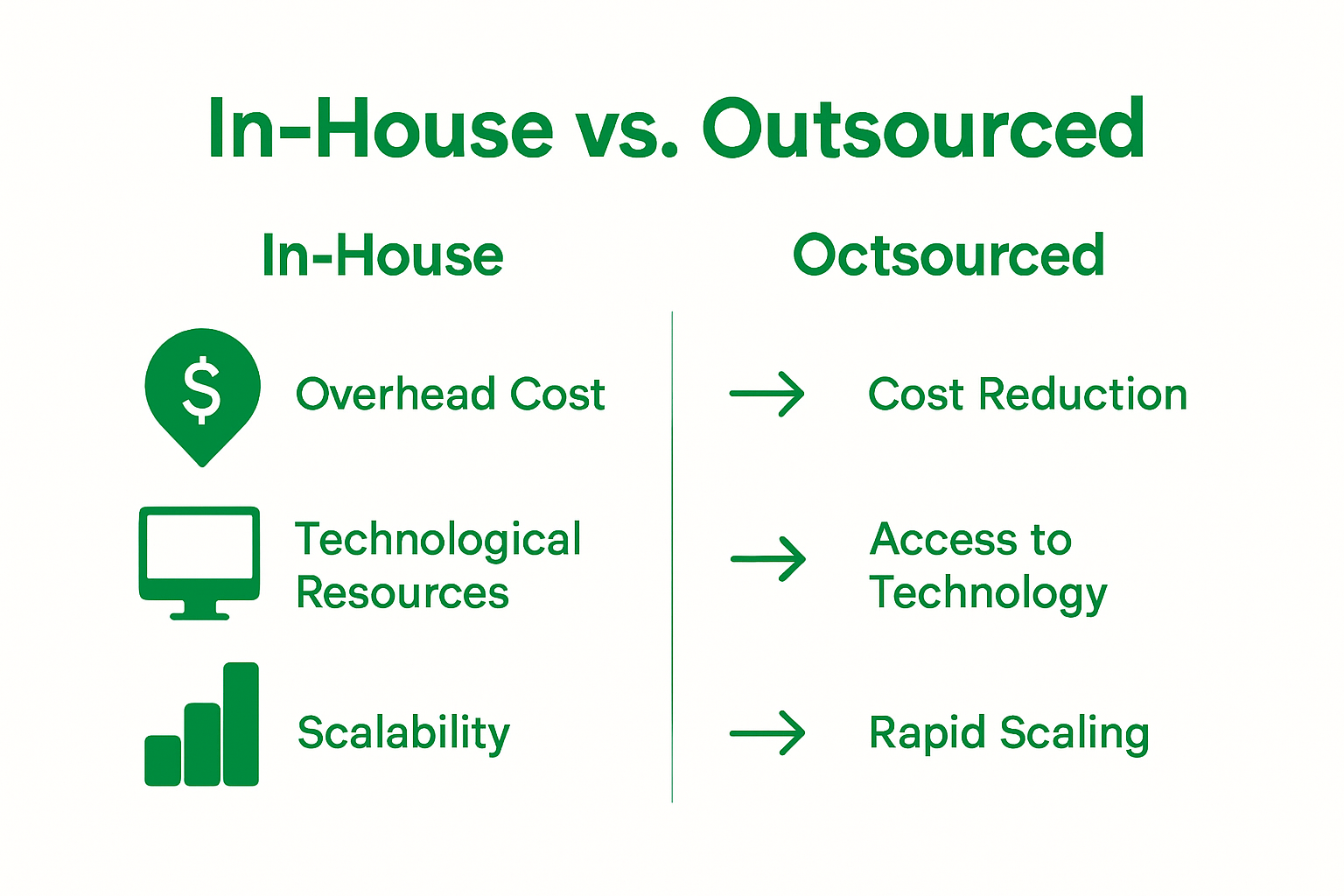 Infographic comparing in-house vs outsourced business support services with icons for cost, technology, and scalability.