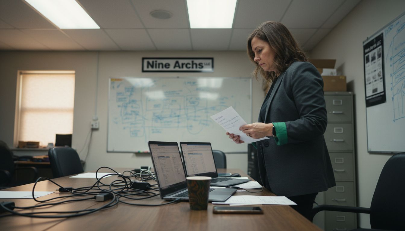 Manager compares automation tools at messy conference table