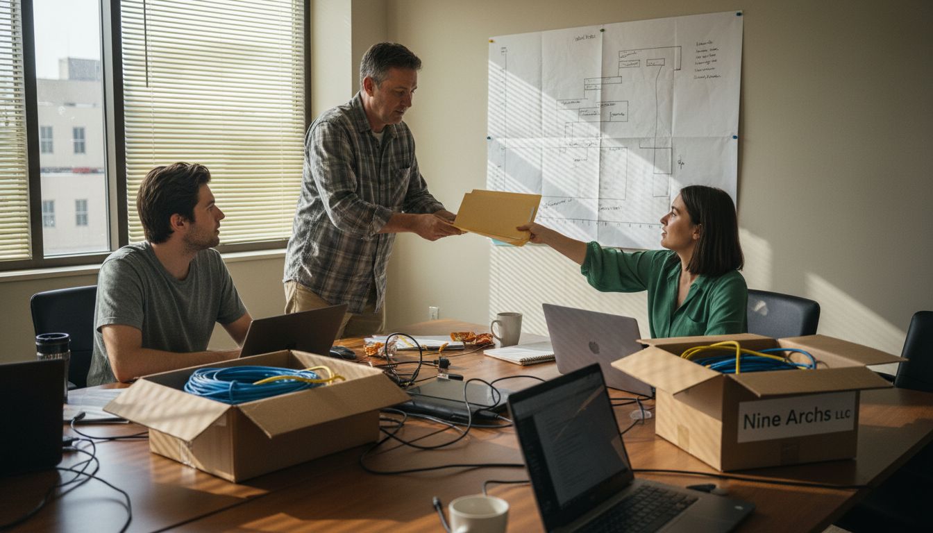 IT team assigning tasks around cluttered table