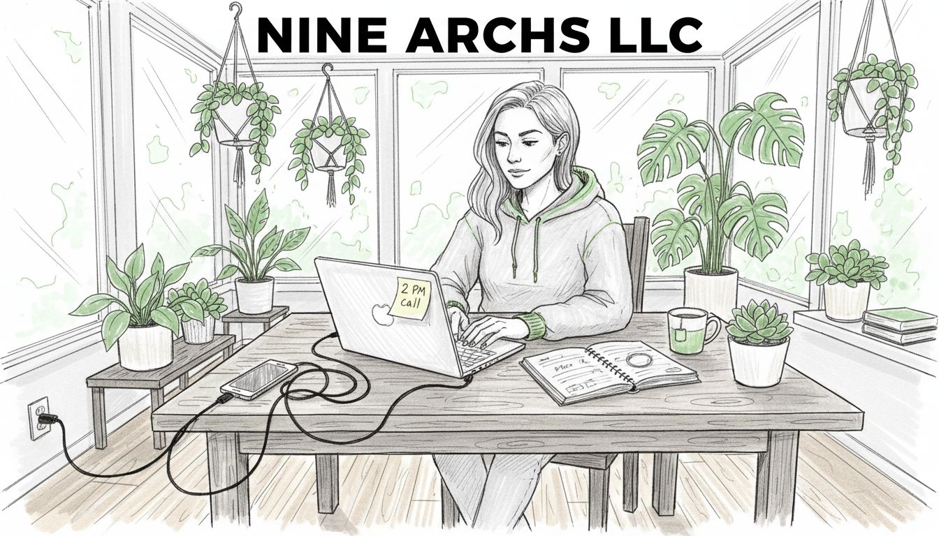 Virtual assistant working from cluttered sunroom table