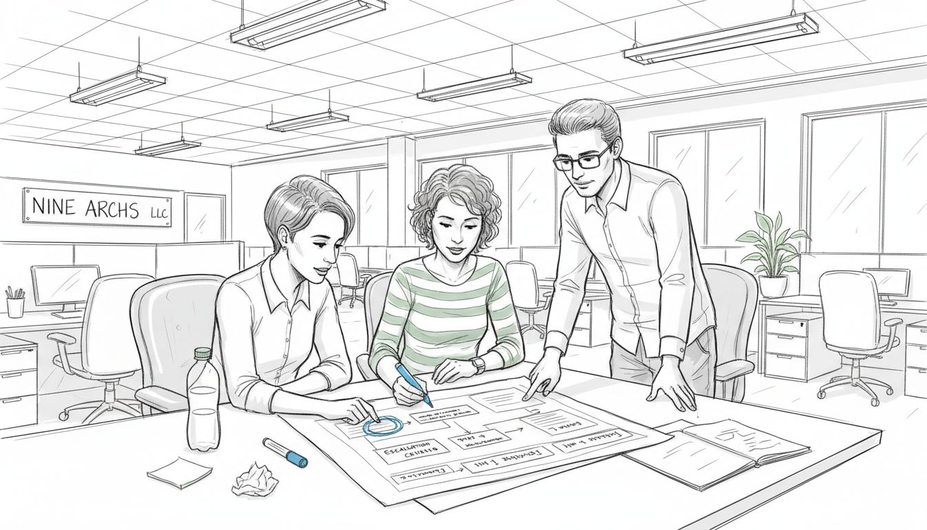 IT team discusses escalation workflow diagram