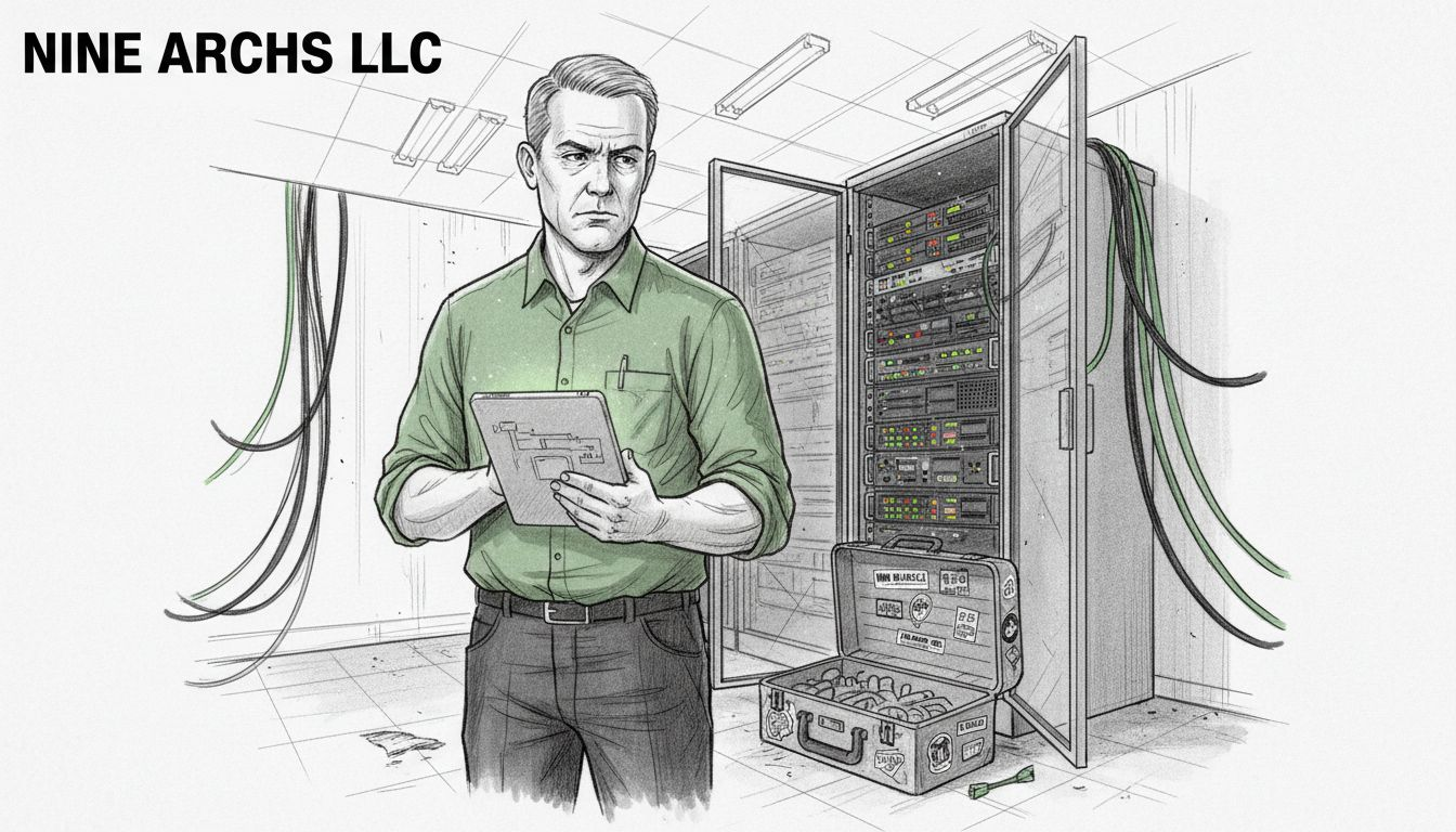 Engineer monitoring servers in a small server room