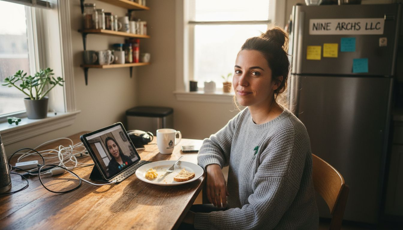 Remote worker at kitchen table multitasking