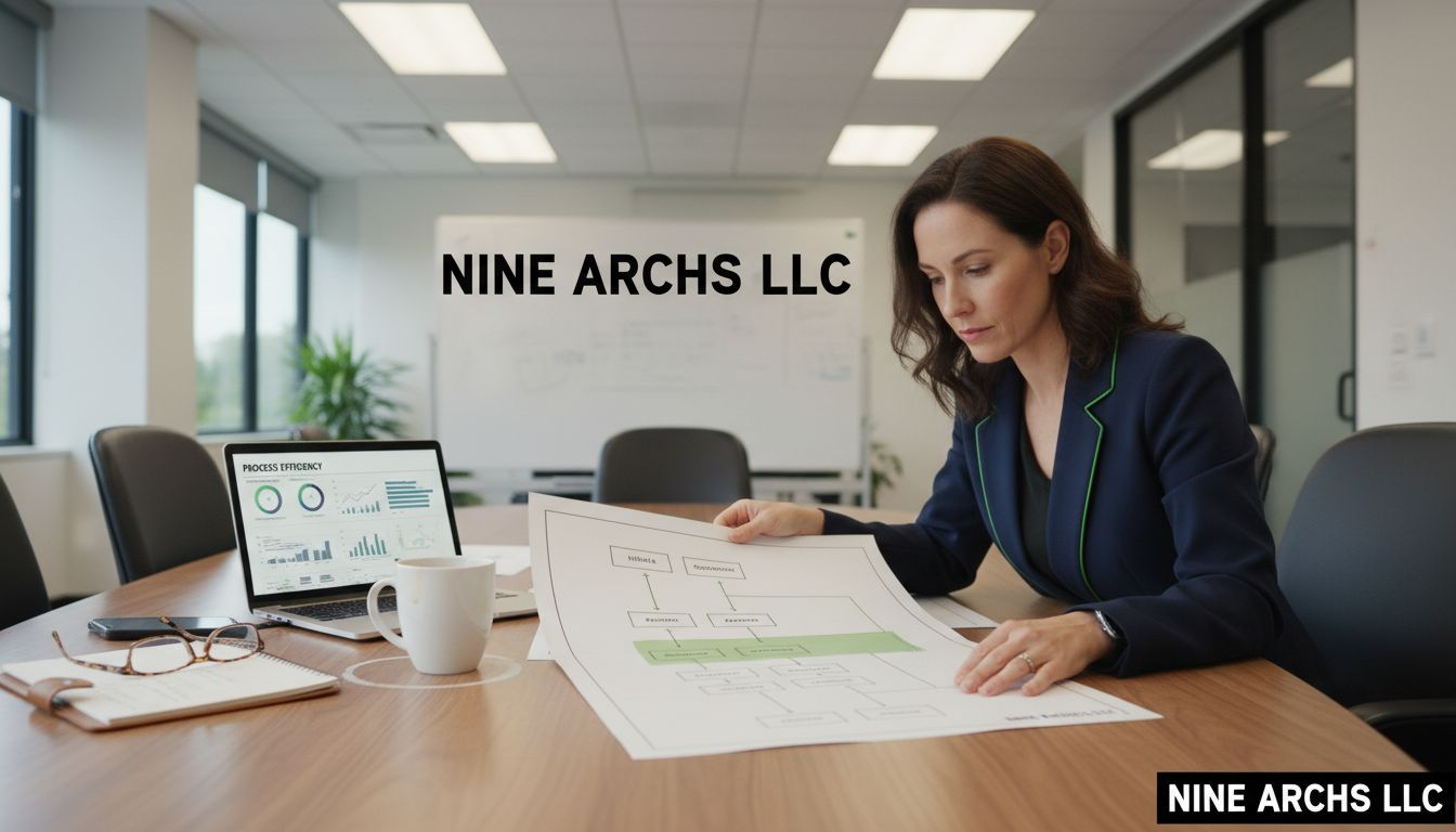 Manager reviews process chart at boardroom table