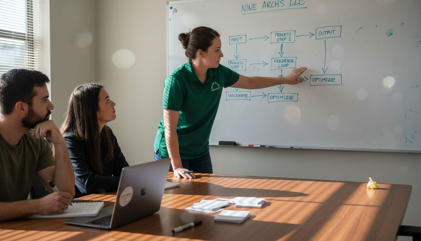 Manager reviewing process mapping with engineers