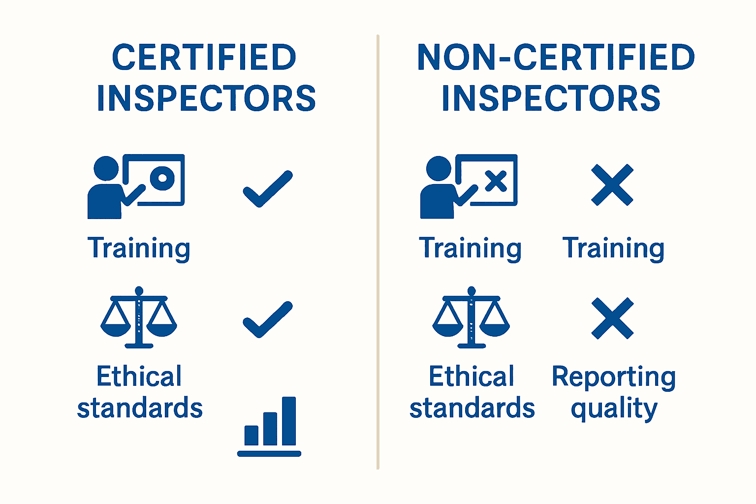 Infographic comparing certified and non-certified home inspectors by training, standards, and report quality.