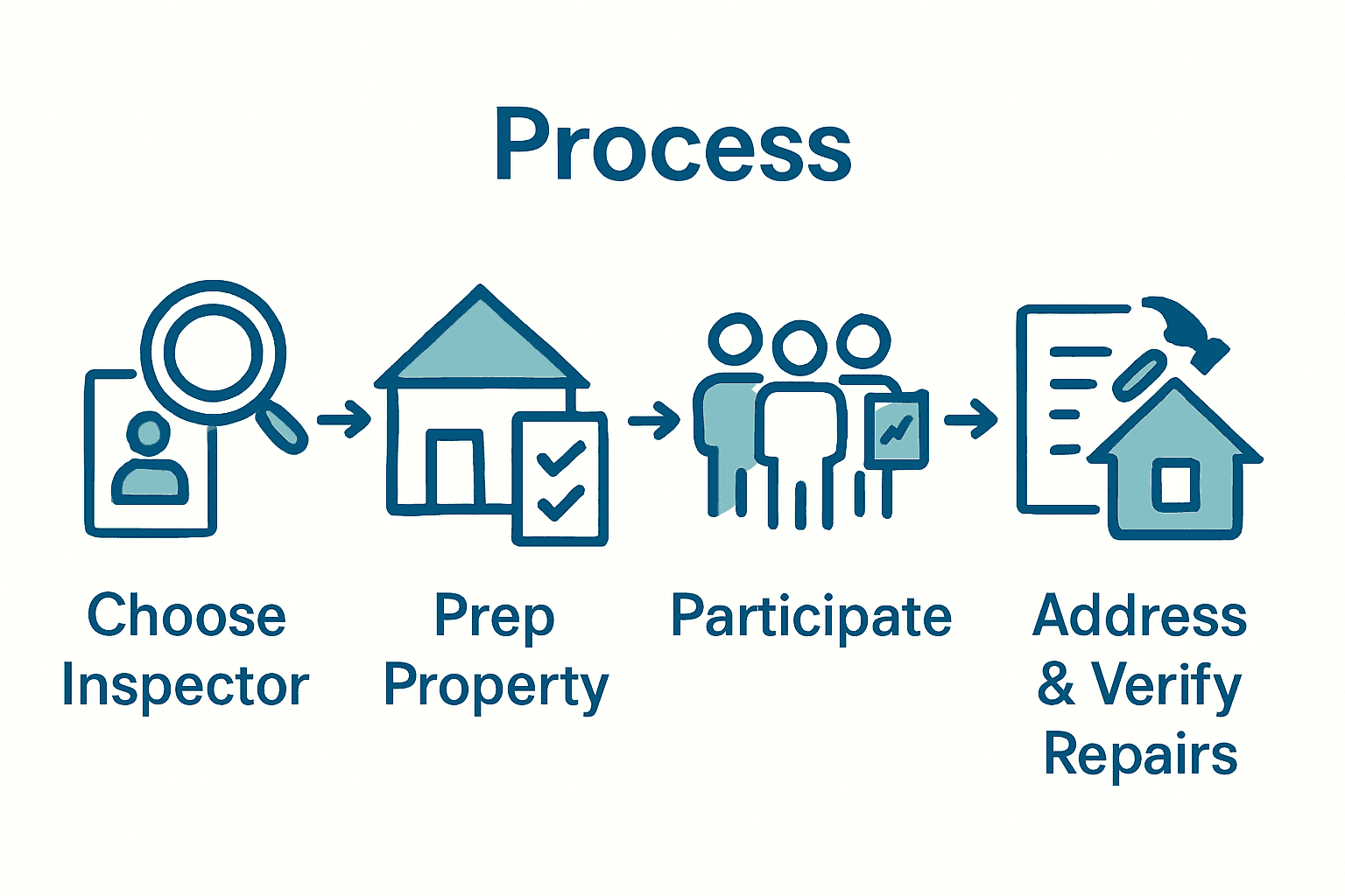 Five step Gulf Coast home inspection process infographic with icons and captions