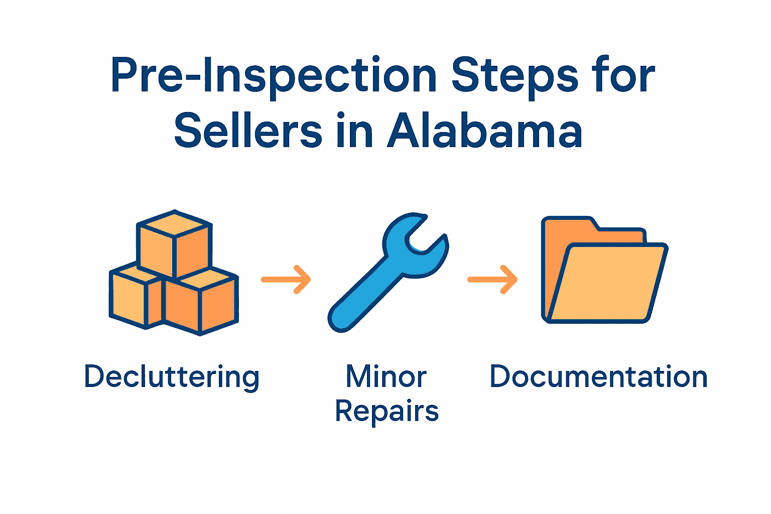 Infographic showing three essential pre-inspection steps for Alabama home sellers: declutter, repair, document.