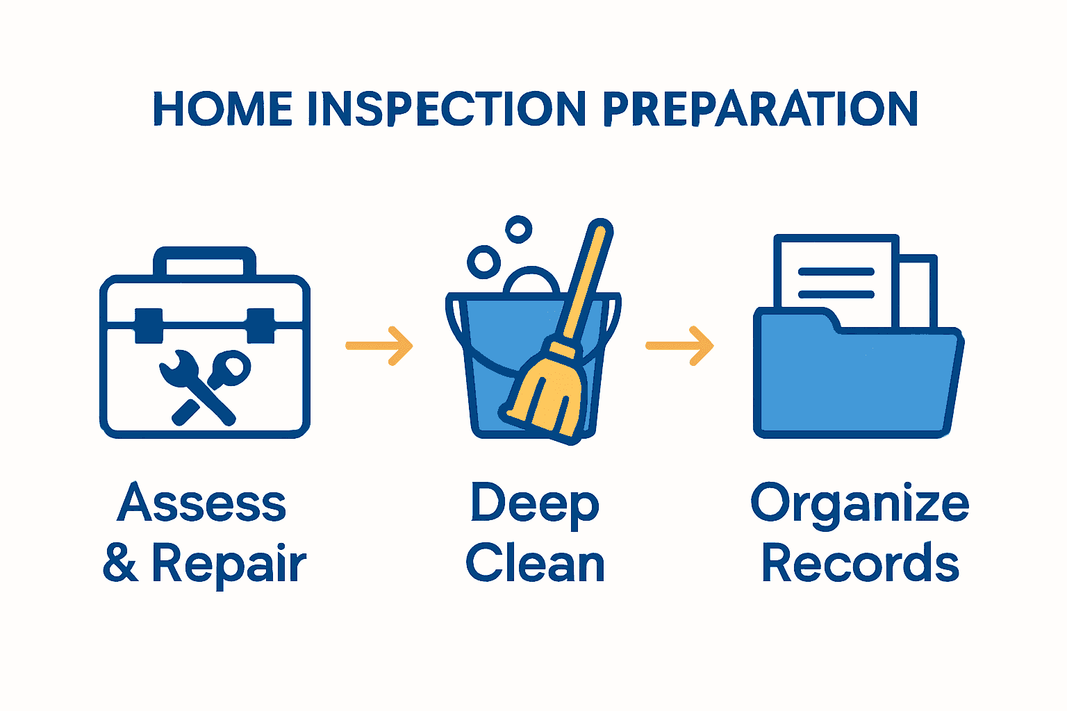 Infographic showing steps to prepare for a home inspection: repair, clean, and organize documents.