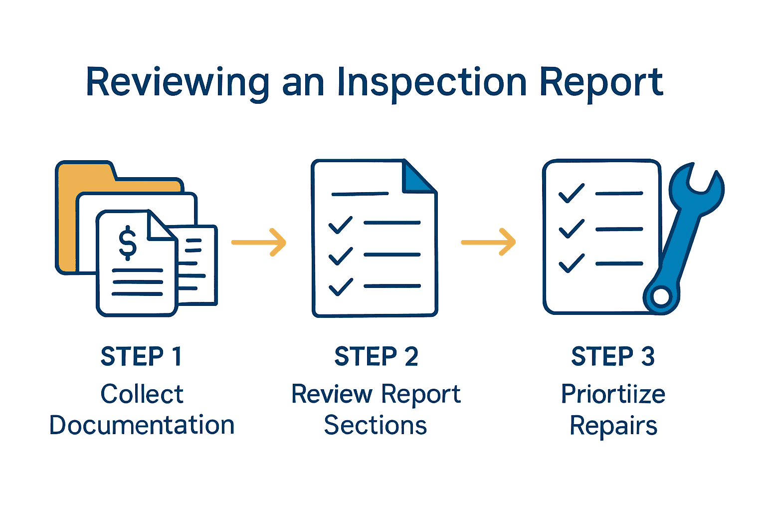 Simple three-step infographic: collect documents, review sections, prioritize repairs