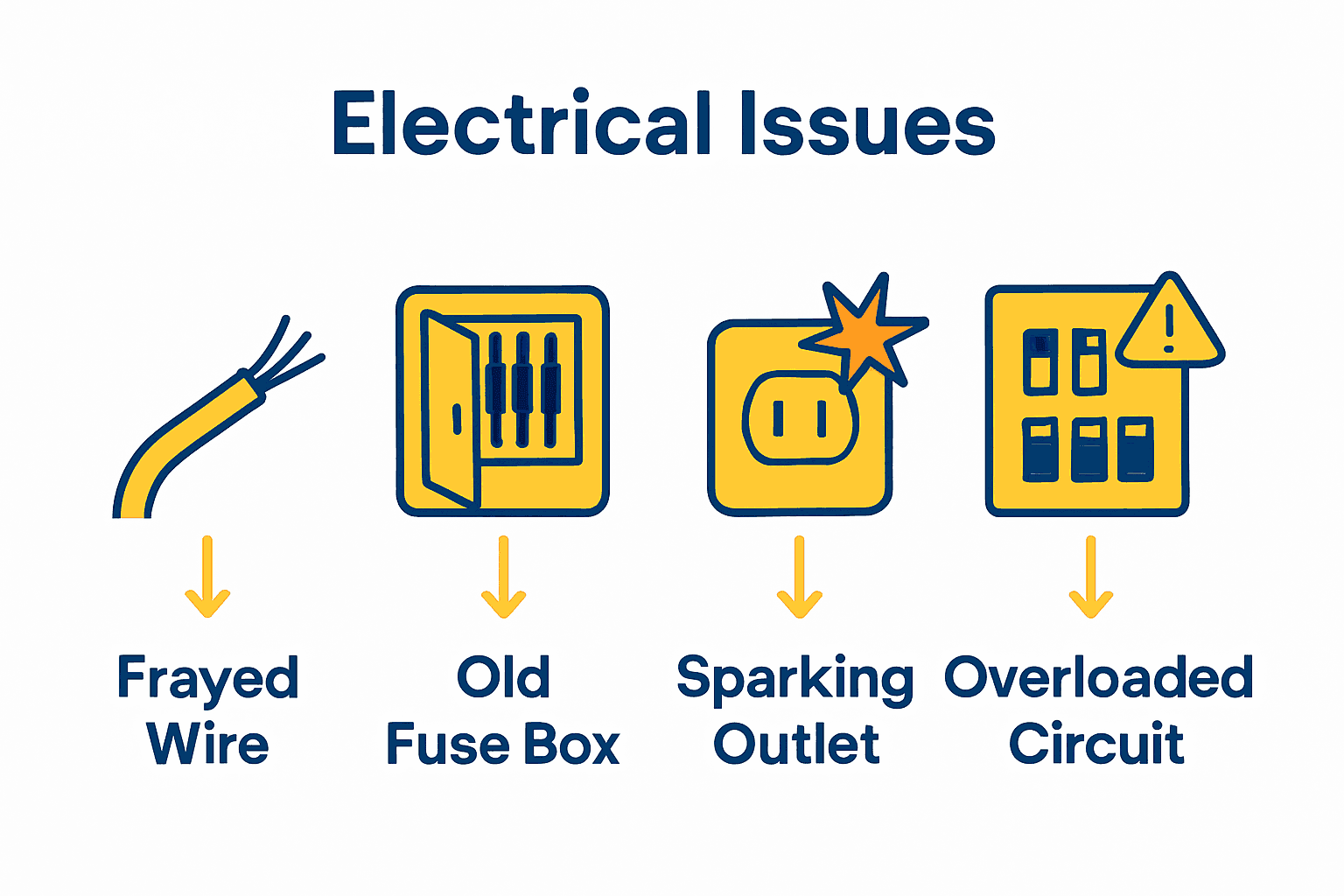 Infographic showing common electrical issues: frayed wires, old fuse box, sparking outlets, overloaded circuits.