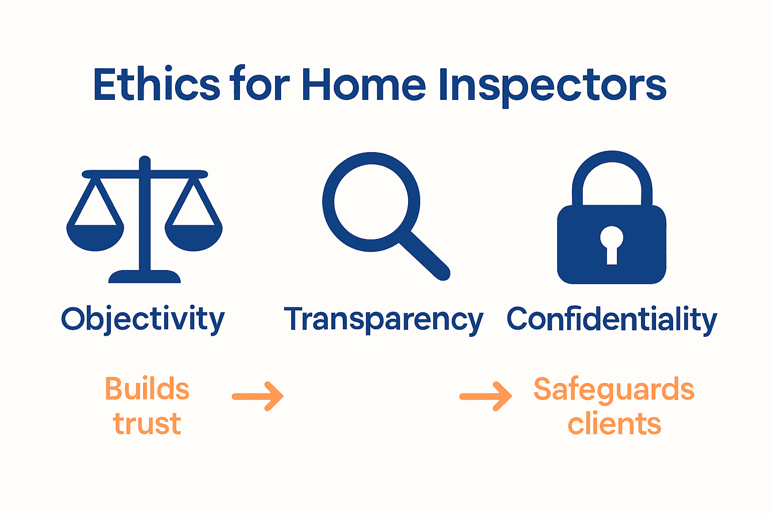 Infographic comparing objectivity, transparency, and confidentiality in home inspection ethics