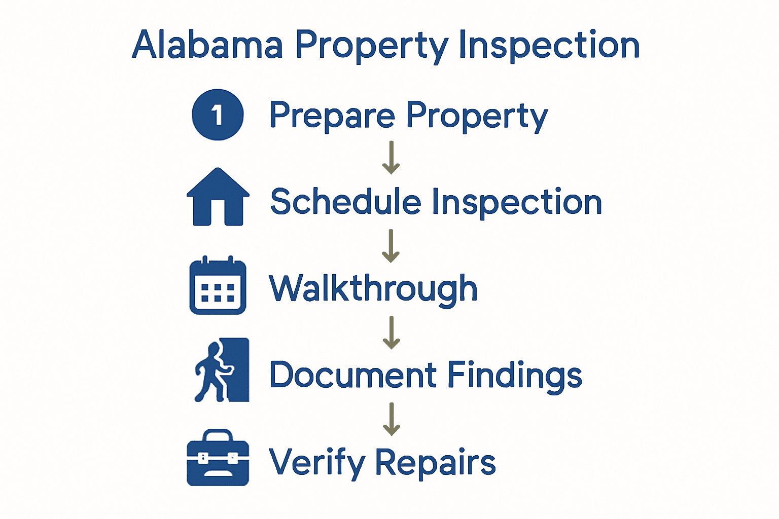 Infographic of Alabama property inspection steps with icons and arrows.