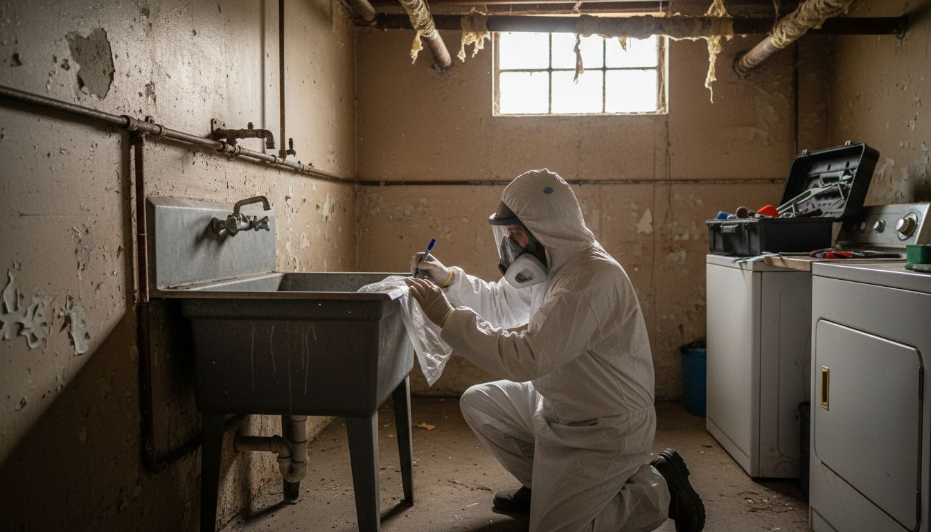 Asbestos inspector working in cluttered home basement