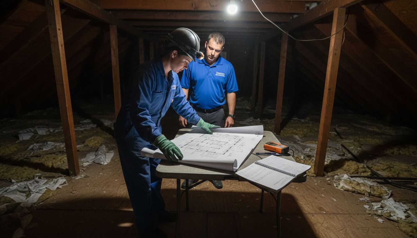 Inspector reviews building plan during attic survey
