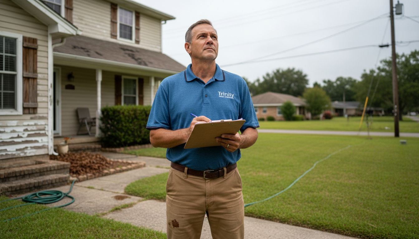 Home inspector checks clipboard outside house