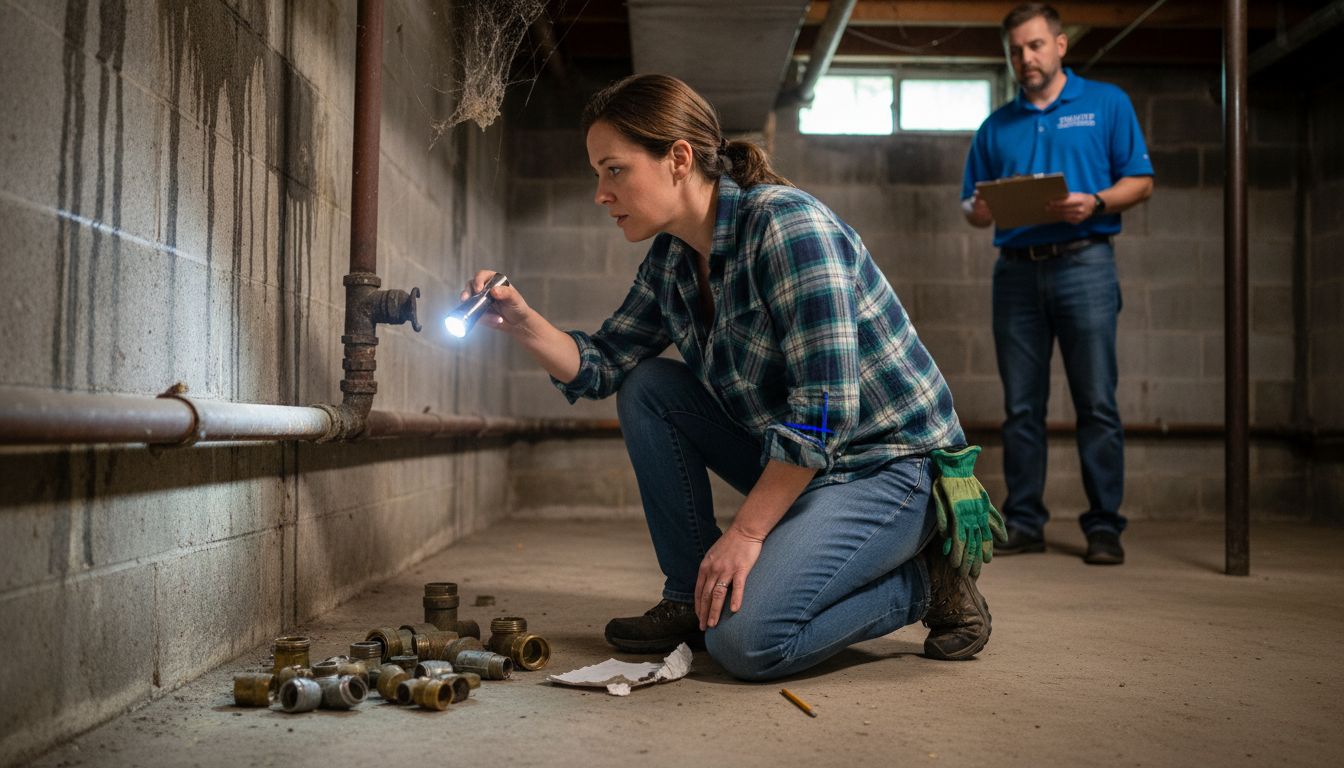 Inspector examines water pipes for leaks
