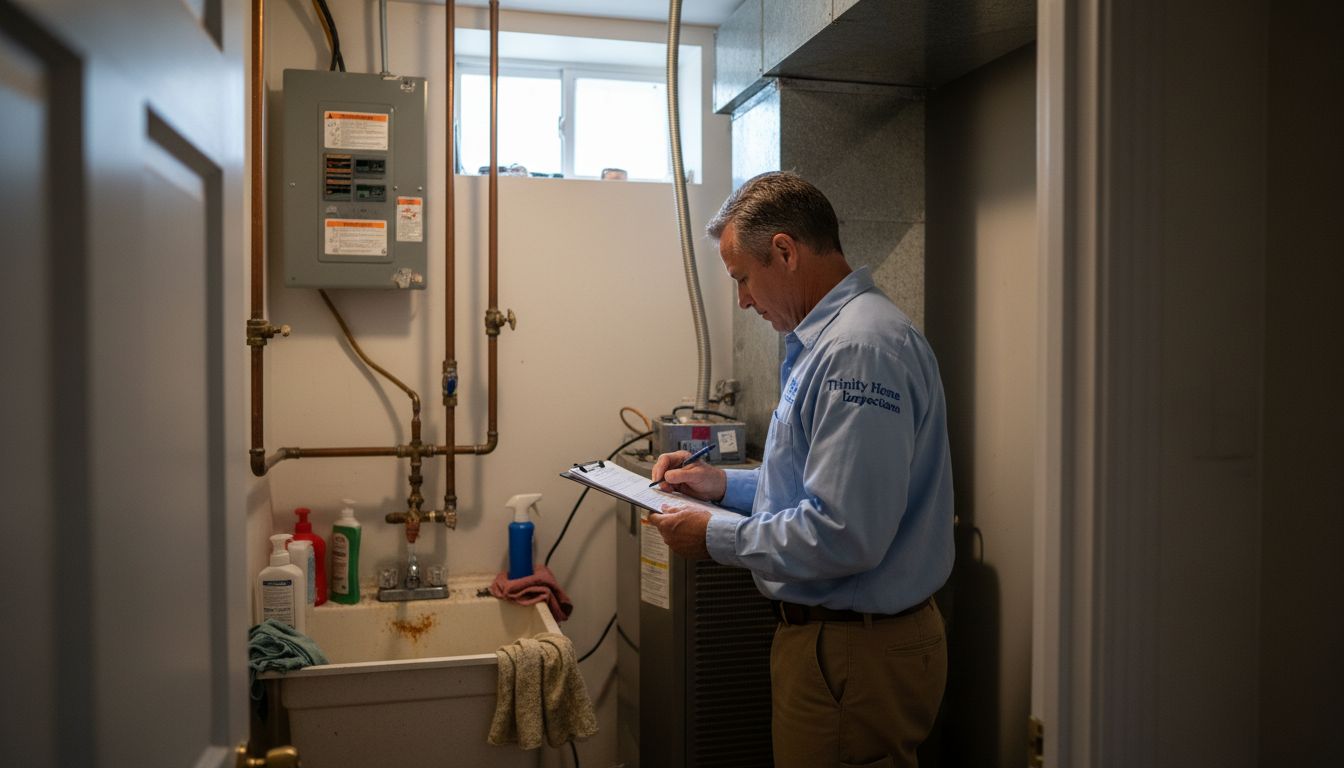 Home inspector checks HVAC and electrical panel