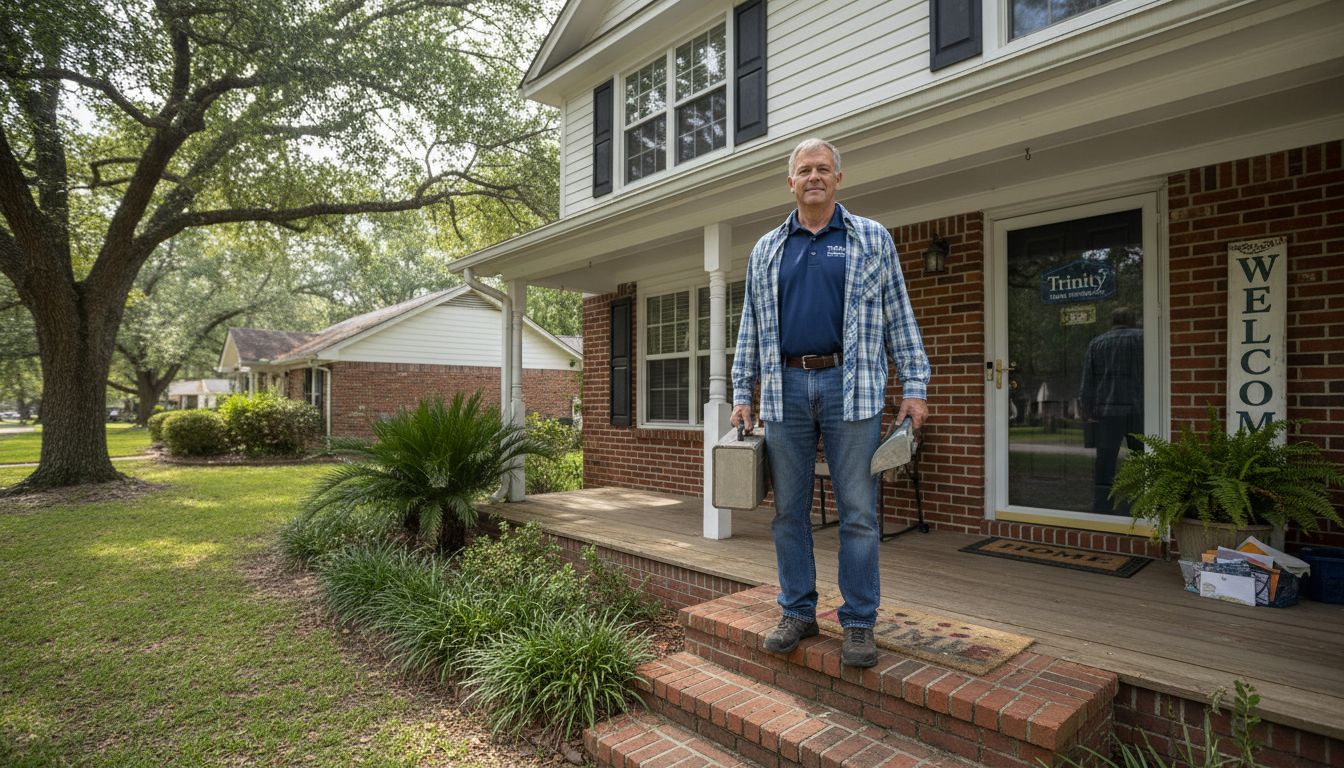 Homeowner on porch with maintenance tools outside house