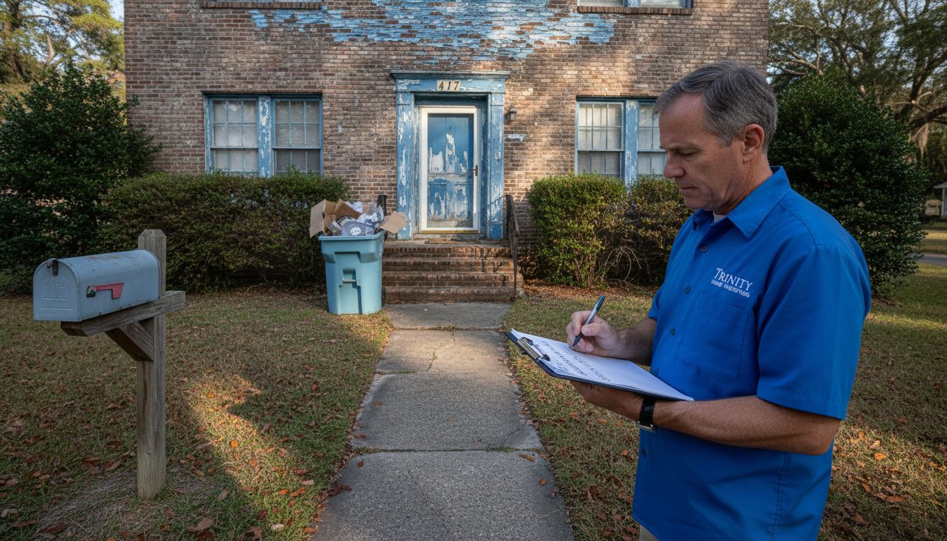 Inspector noting exterior home checklist steps
