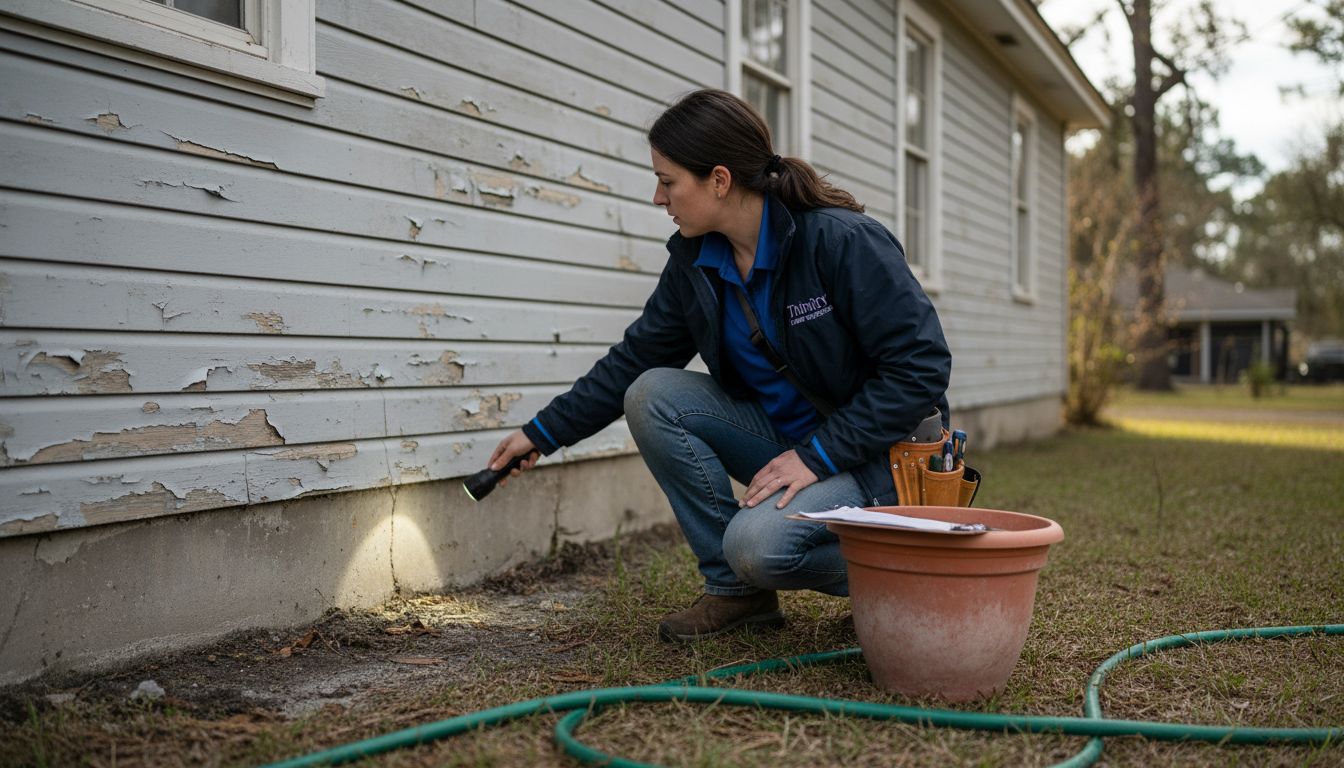 Inspector assessing home’s exterior structure