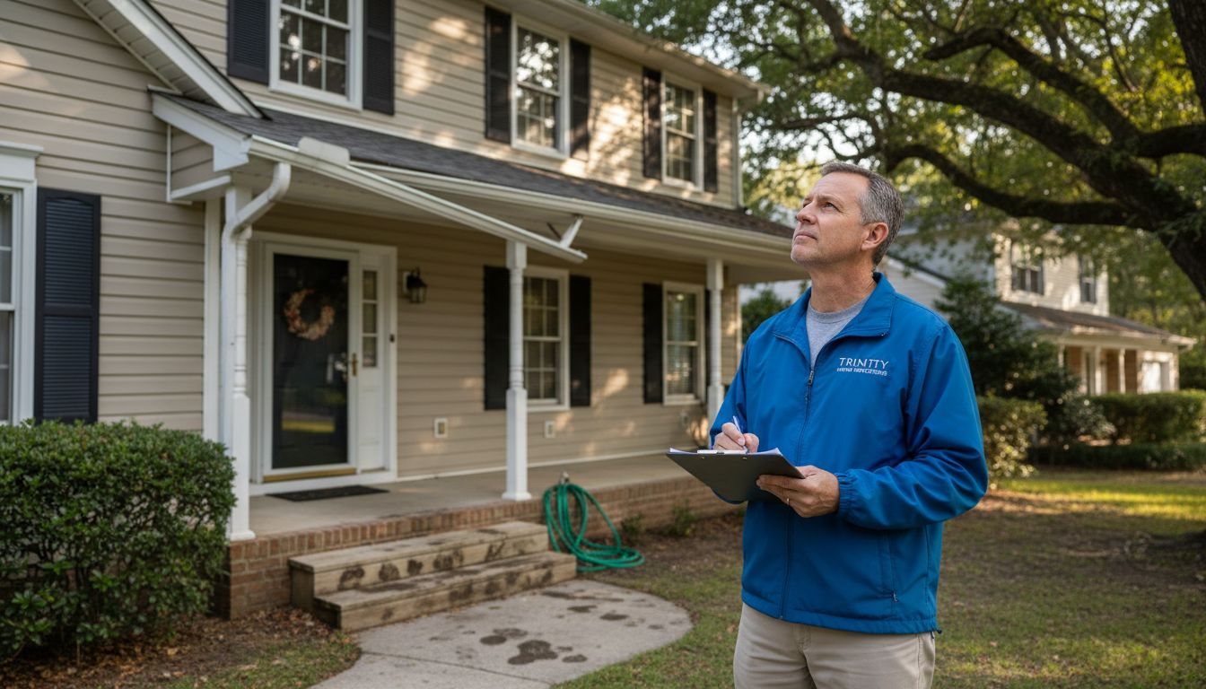 Home inspector with clipboard checks house exterior