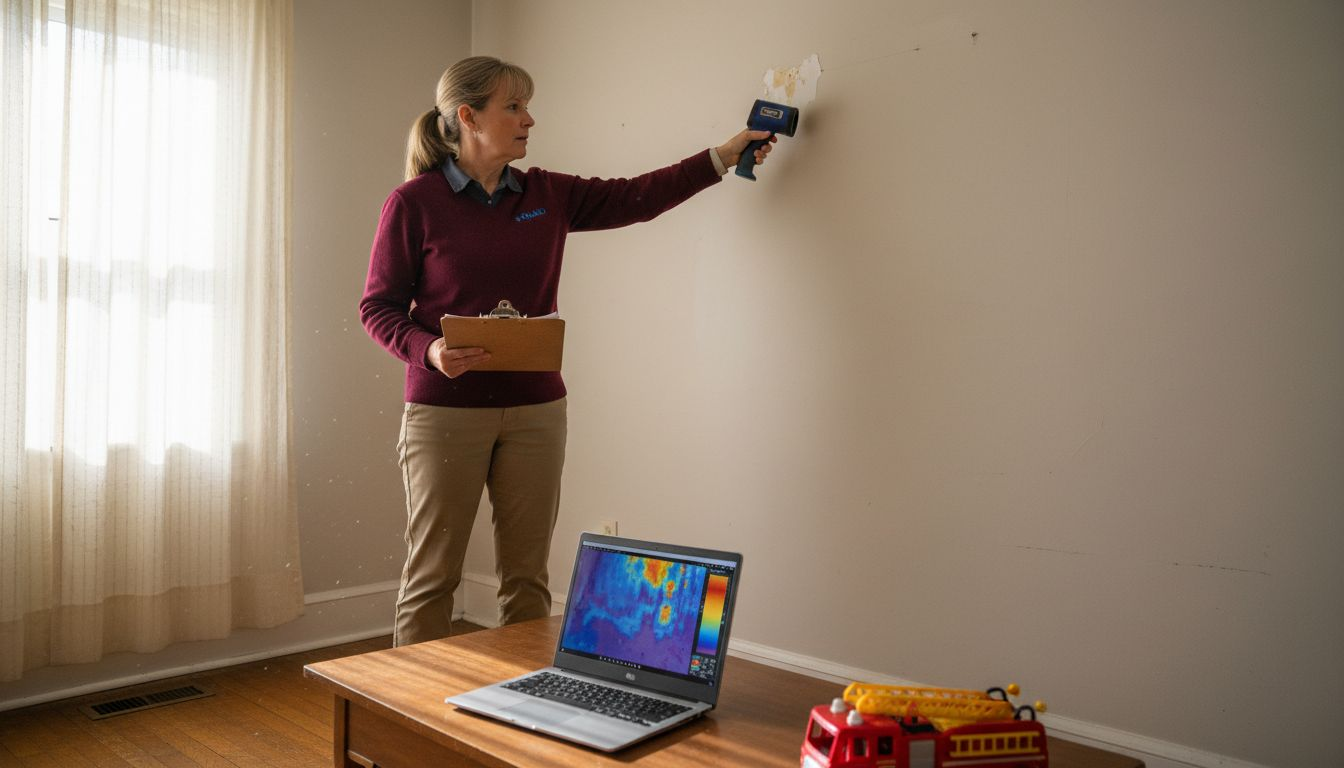 Inspector scans wall with thermal camera