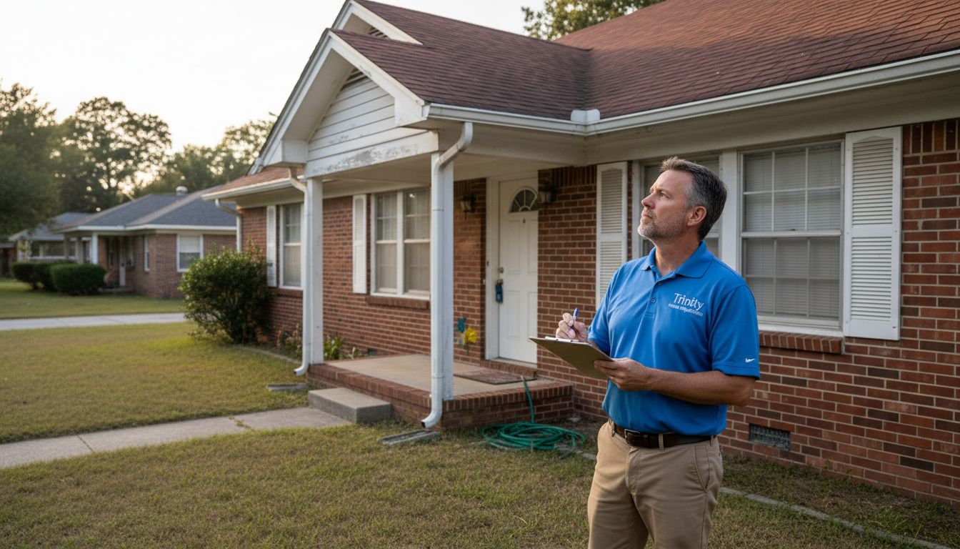 Home inspector checking house exterior with clipboard