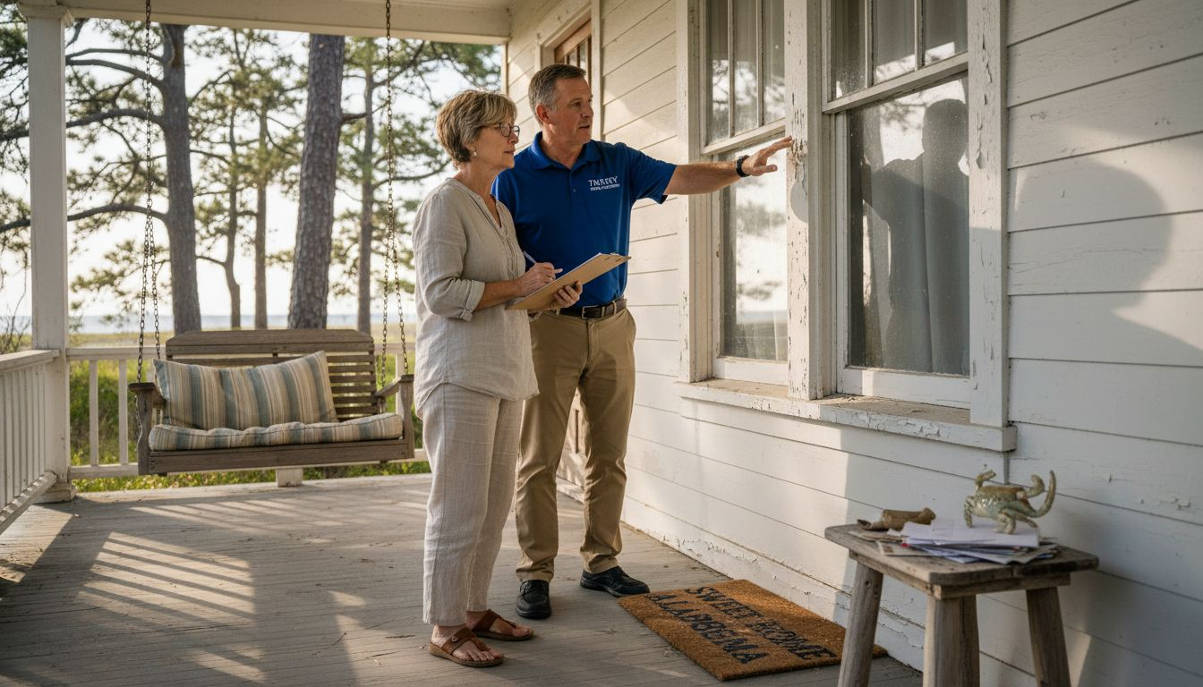 Couple and inspector at Gulf Coast home exterior