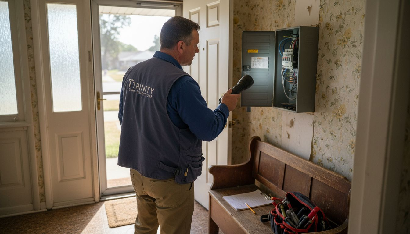 Home inspector checks circuit breaker in foyer