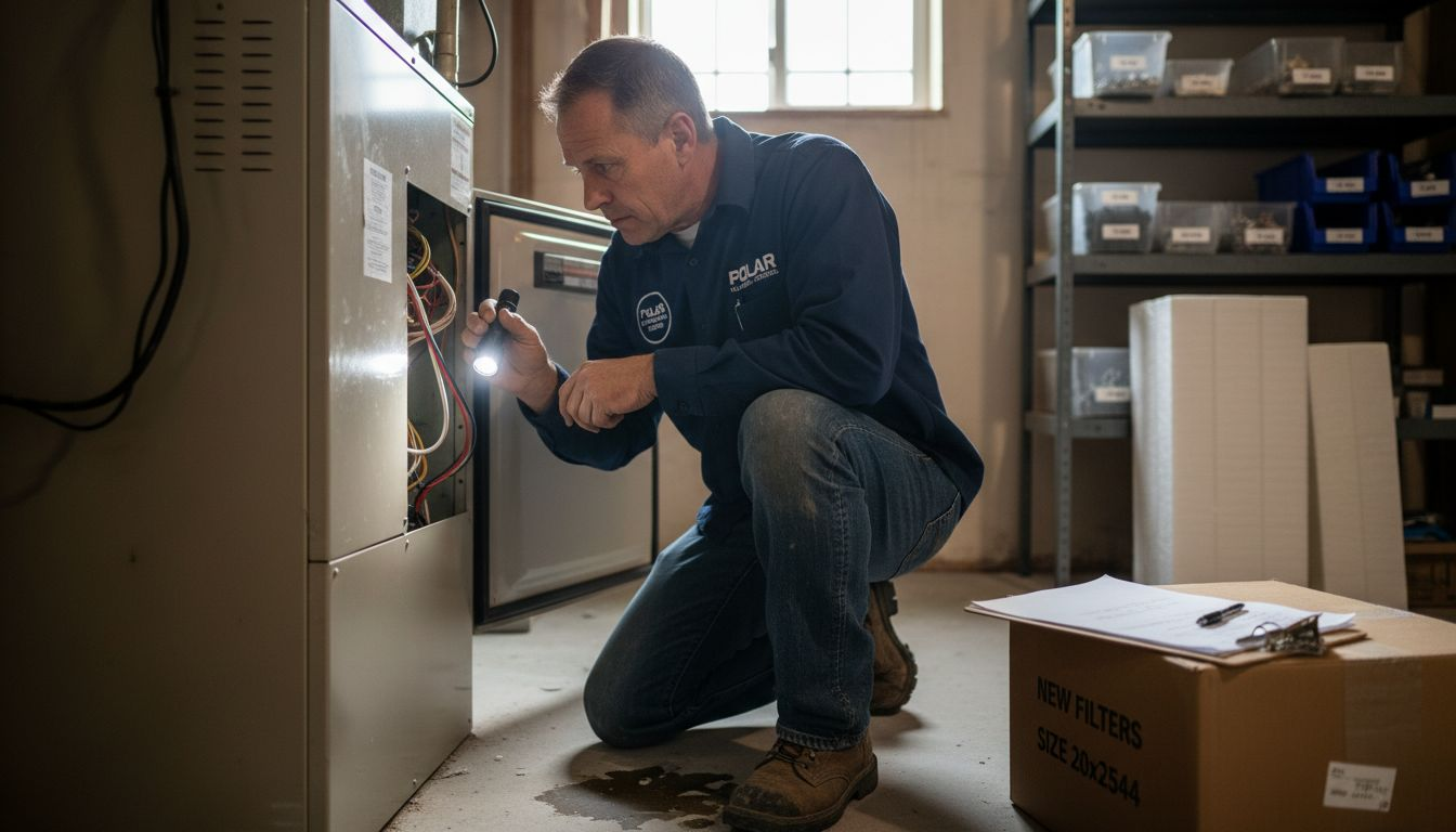 HVAC technician inspecting furnace in basement