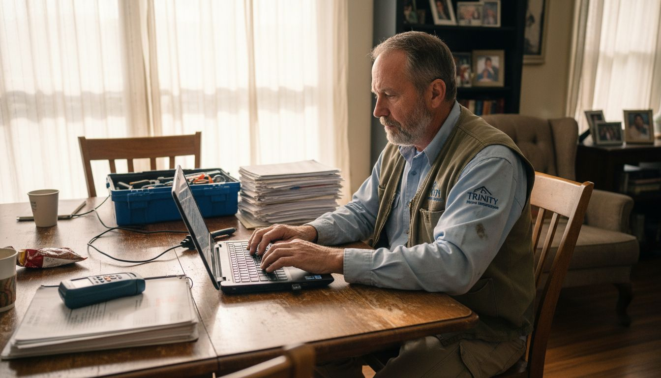 Home inspector writing report at dining table