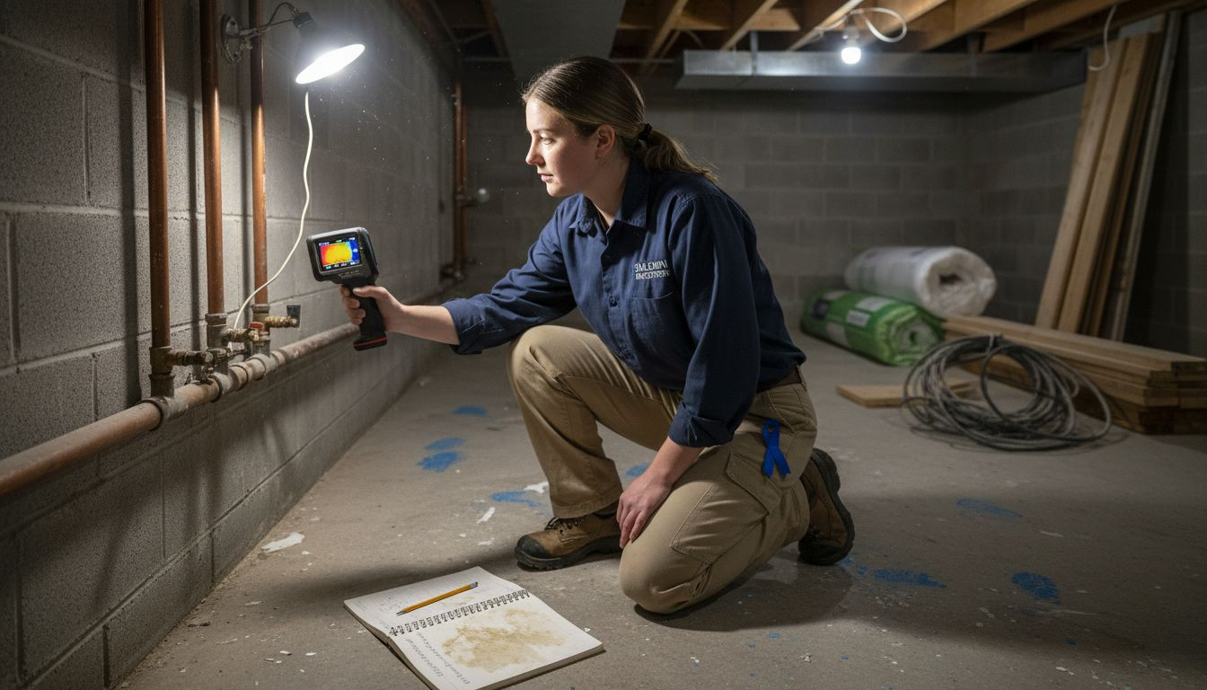 Inspector using thermal camera in basement