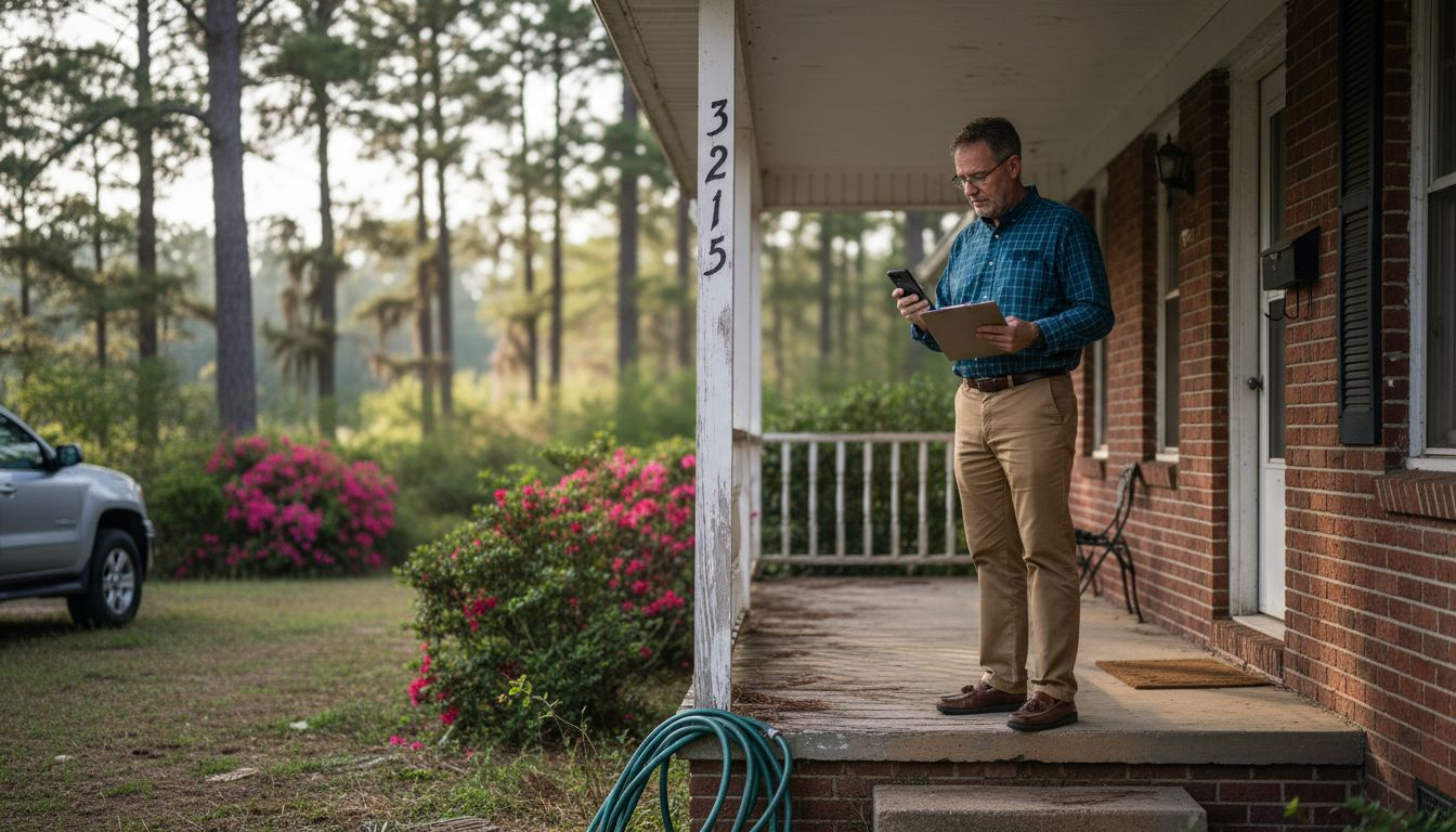 Home appraiser reviewing property on porch