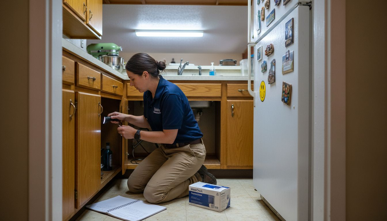Home inspector checks plumbing under kitchen sink