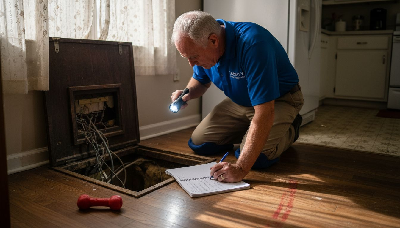 Home inspector examining Alabama crawl space