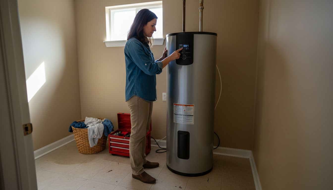 Homeowner adjusting high efficiency water heater