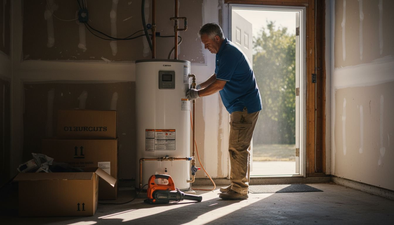 Plumber installing heat pump water heater