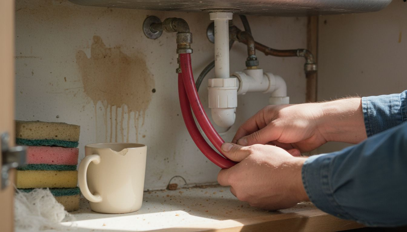 Hands testing flexible red PEX pipe