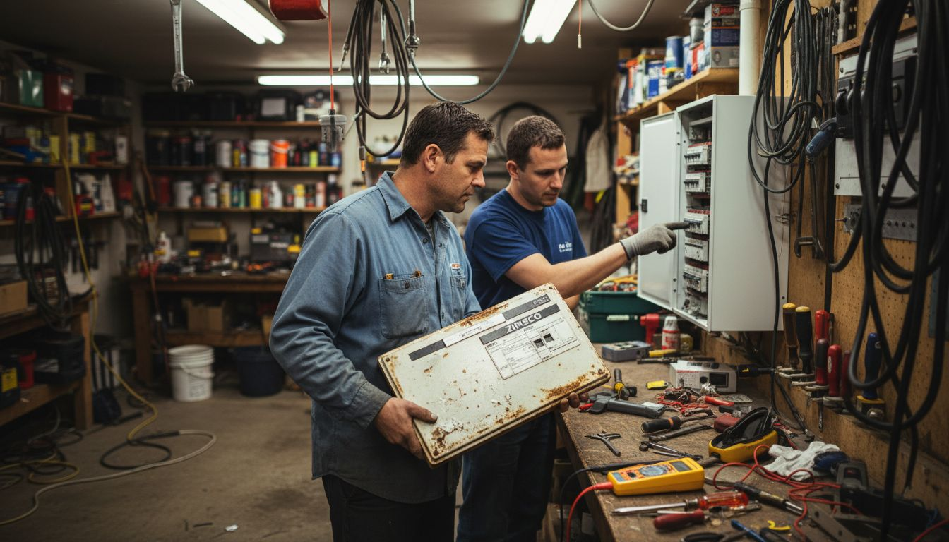 Electricians comparing old and modern panels