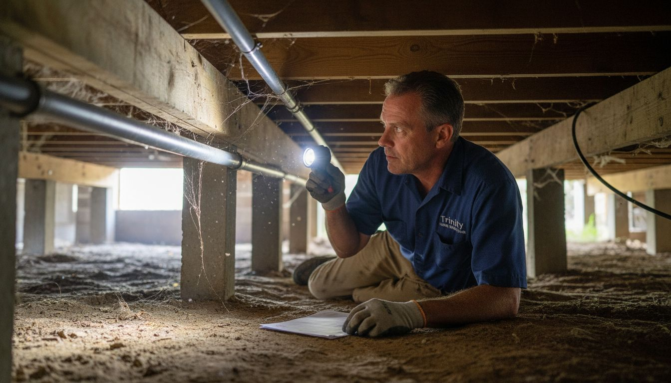 Inspector examining polybutylene pipes in crawlspace