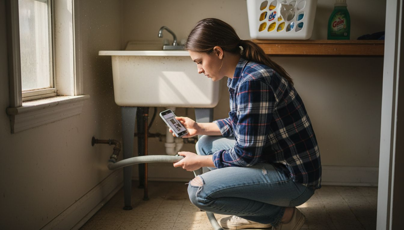Homeowner identifying polybutylene pipes in laundry
