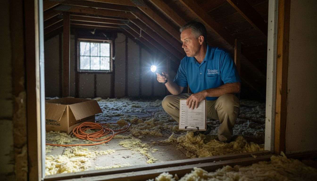 Home inspector examining attic safety risks