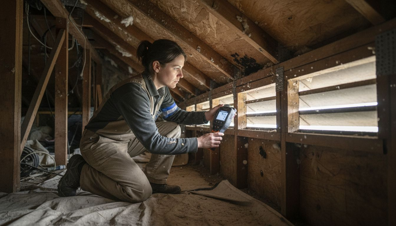 Technician checks attic mold and air quality