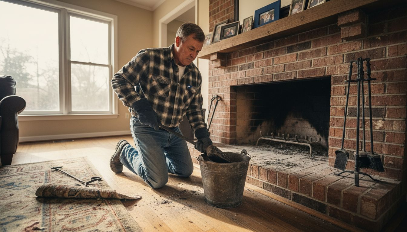 Homeowner cleaning fireplace in Alabama living room
