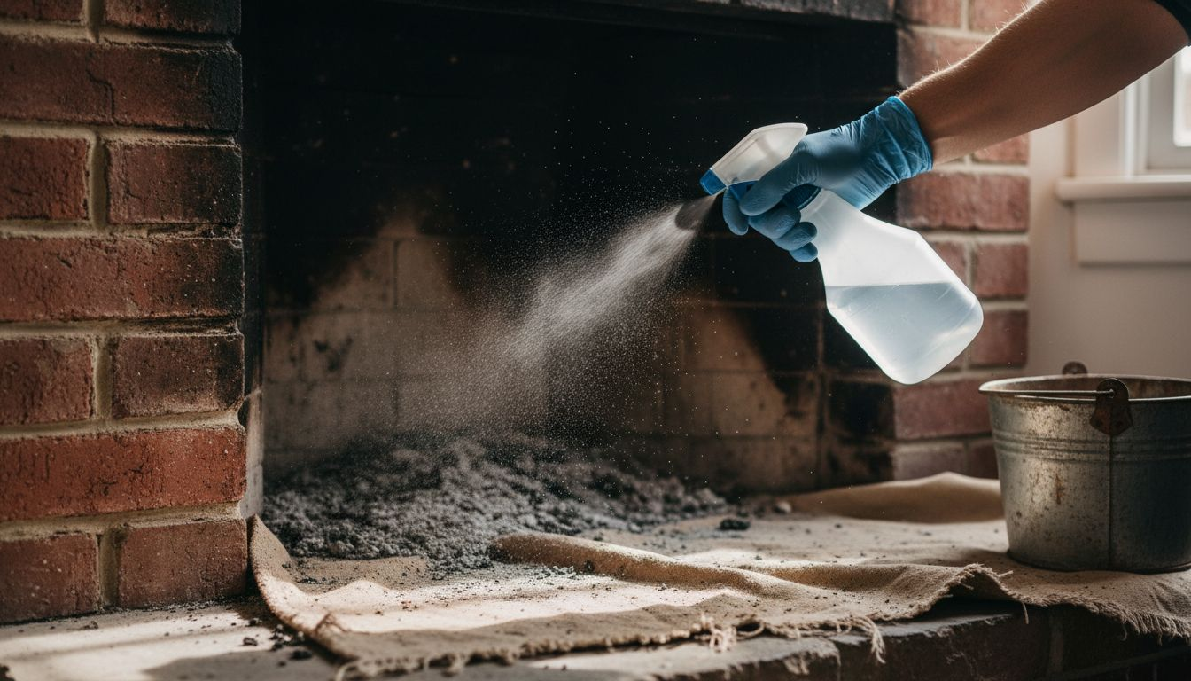 Hand misting fireplace ash with spray bottle