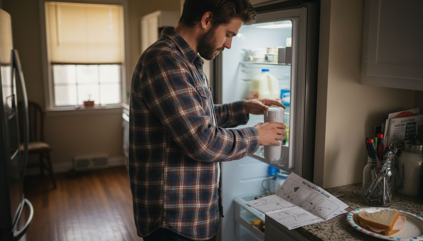 Man installing new water filter in refrigerator