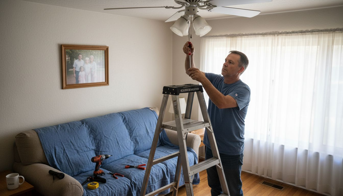 Person removing ceiling fan on a ladder