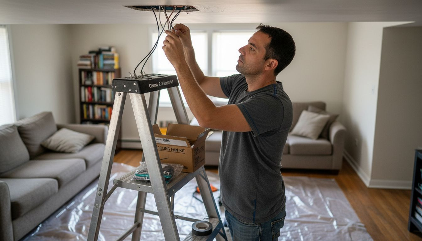 Person connecting wires to new ceiling fan