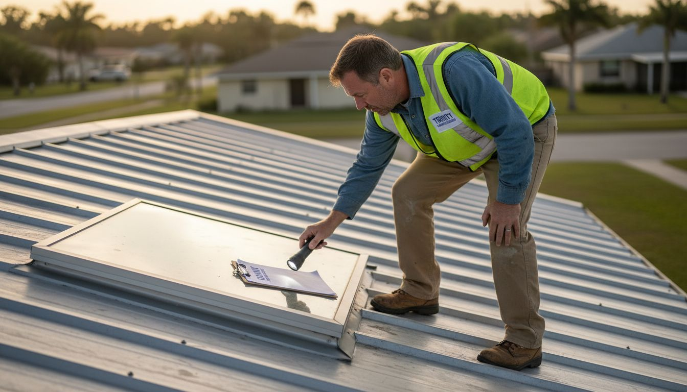 Inspector checking seams on metal residential roof